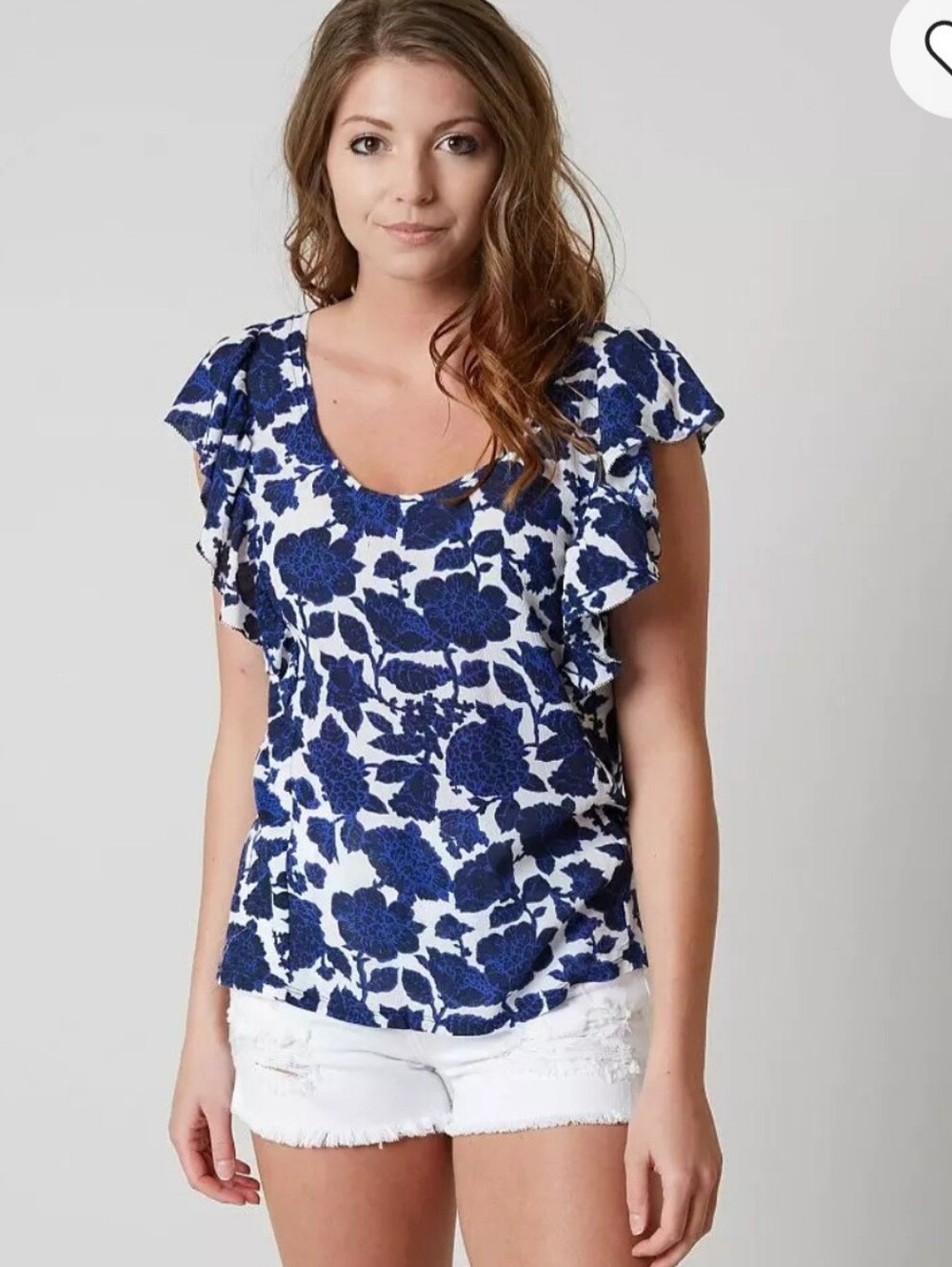 Lucky Brand Blue Floral Flutter Short Sleeve Top L